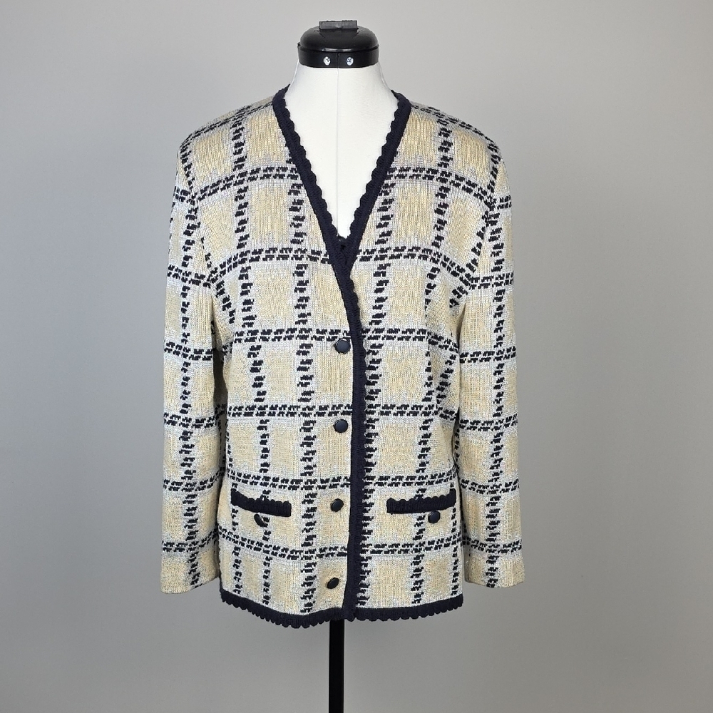 Vintage Tricoville Plaid Cardigan Sweater Jacket — Wool Blend, Button Front, 14